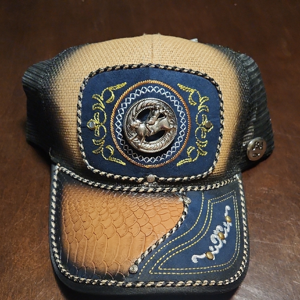 Men's Tan and Blue Embroidered Cap